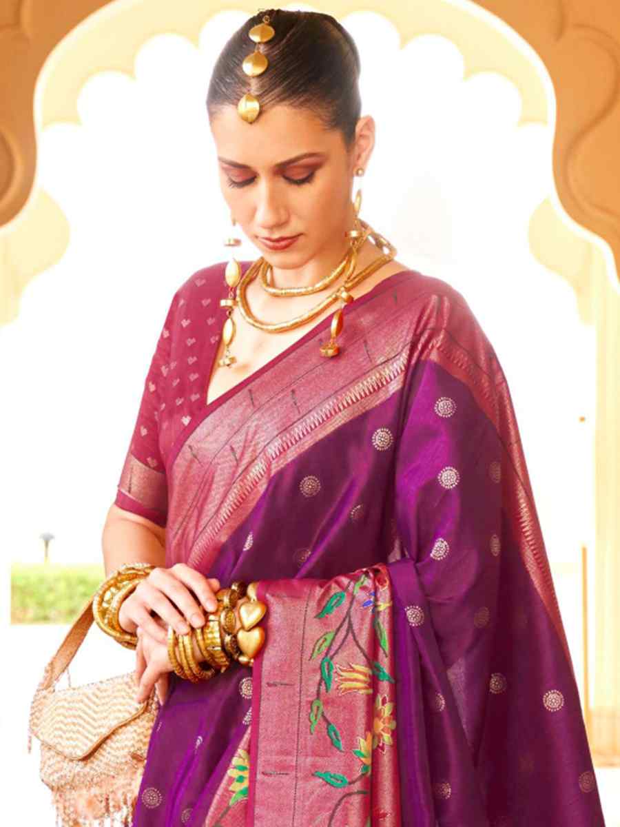 Purple Super Paithani Silk Handwoven Wedding Festival Heavy Border Saree