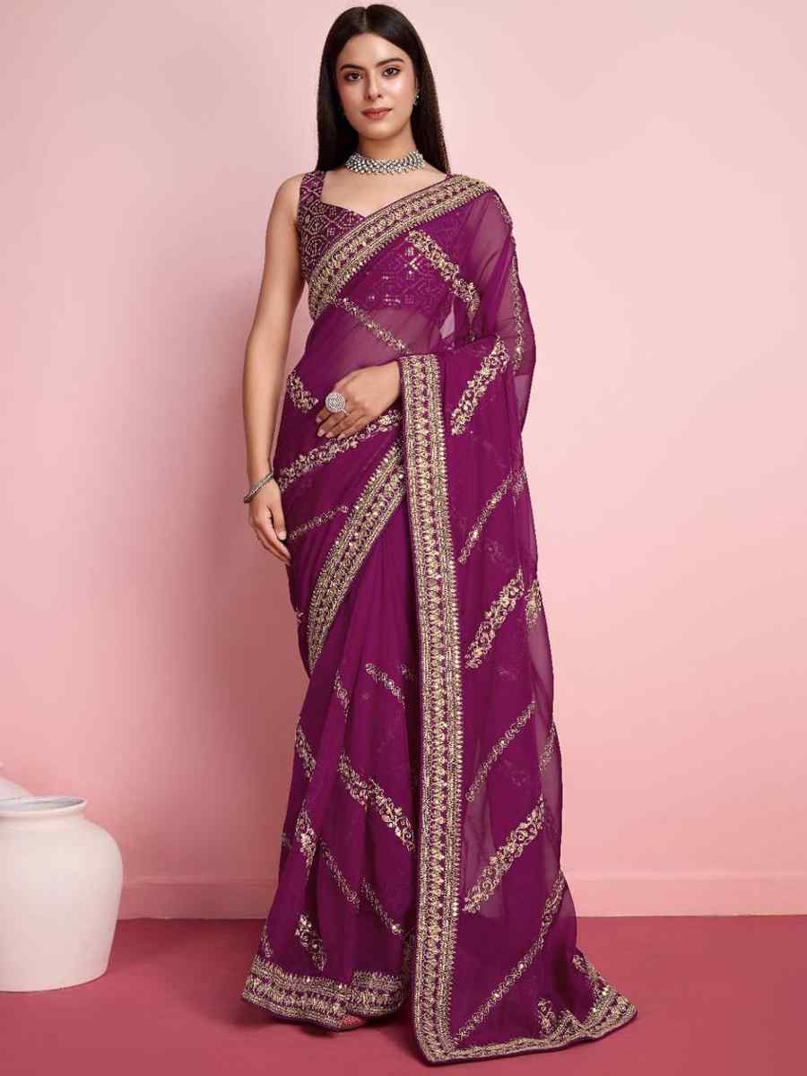 Purple Taby Silk Embroidered Festival Party Classic Style Saree