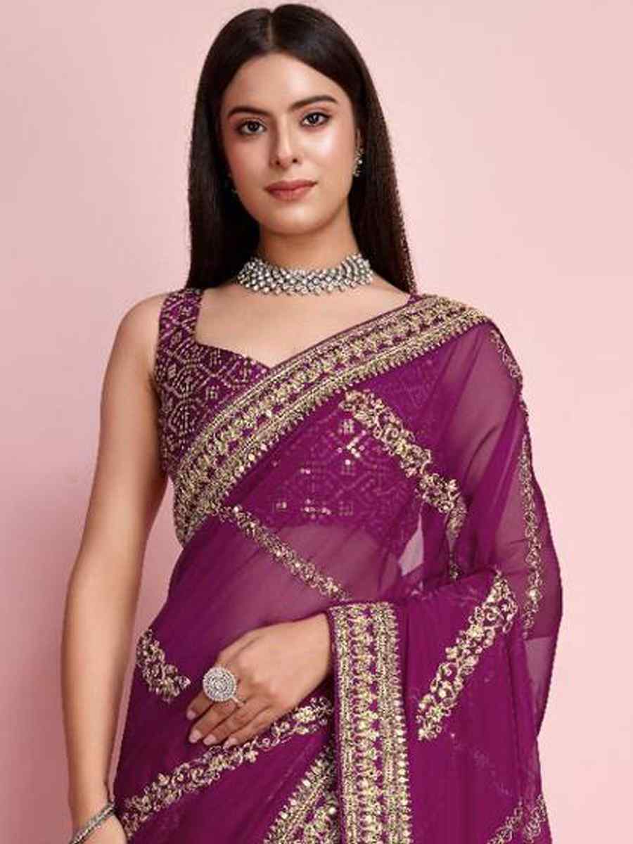 Purple Taby Silk Embroidered Festival Party Classic Style Saree