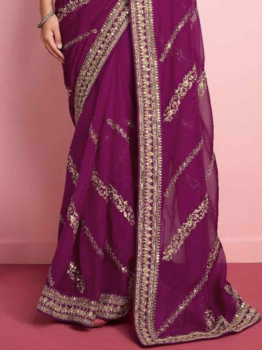 Purple Taby Silk Embroidered Festival Party Classic Style Saree