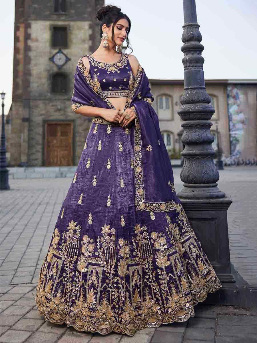 Purple Tissue Embroidery Reception Party Wear Heavy Border Lehenga Choli