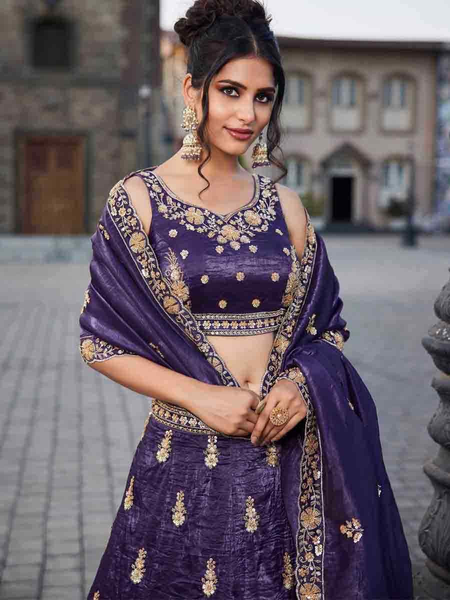 Purple Tissue Embroidery Reception Party Wear Heavy Border Lehenga Choli