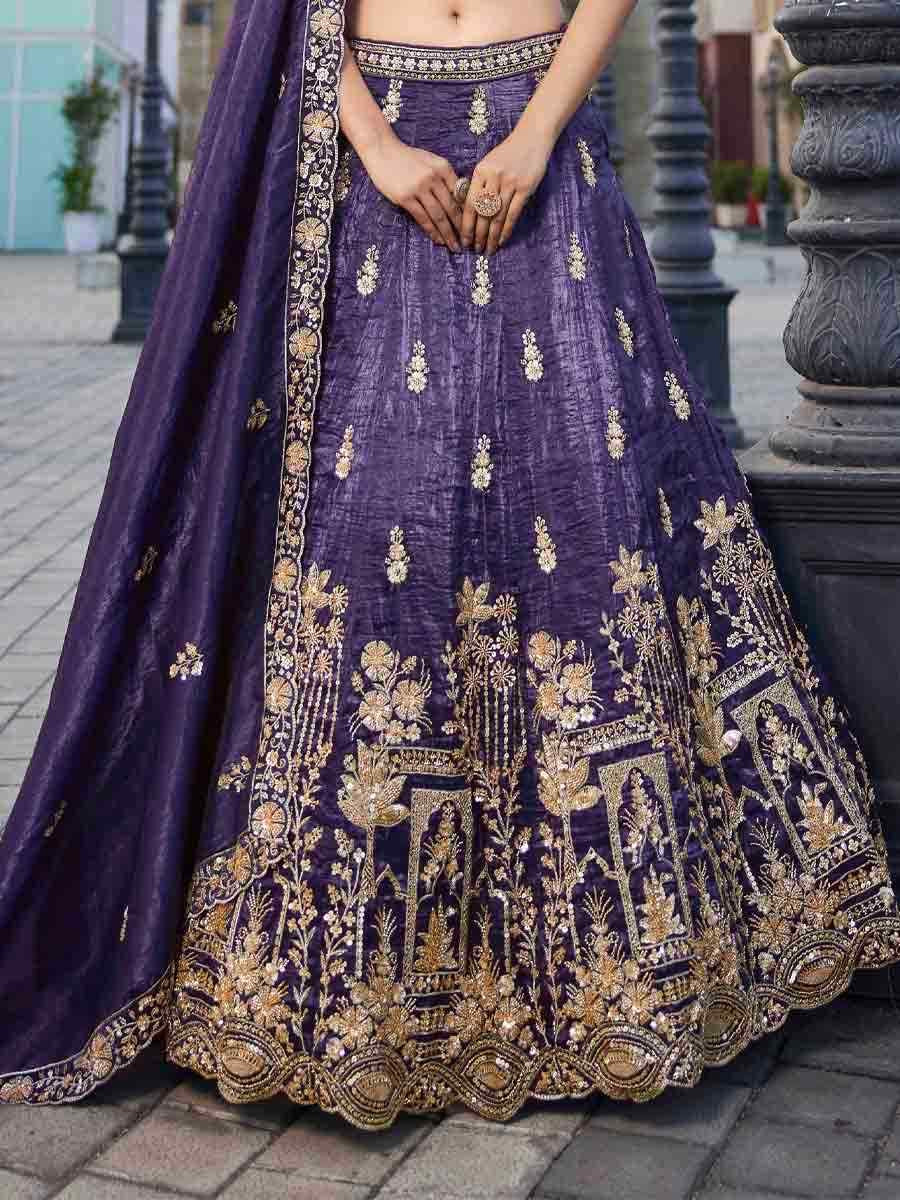 Purple Tissue Embroidery Reception Party Wear Heavy Border Lehenga Choli