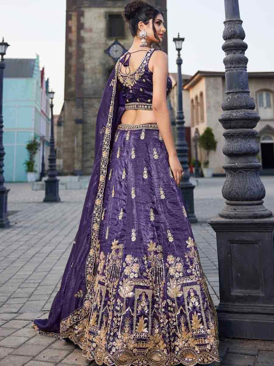 Purple Tissue Embroidery Reception Party Wear Heavy Border Lehenga Choli