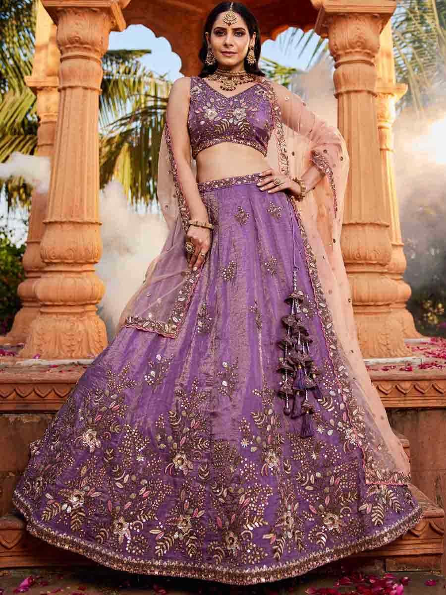 Purple Tissue Embroidery Reception Party Wear Heavy Border Lehenga Choli