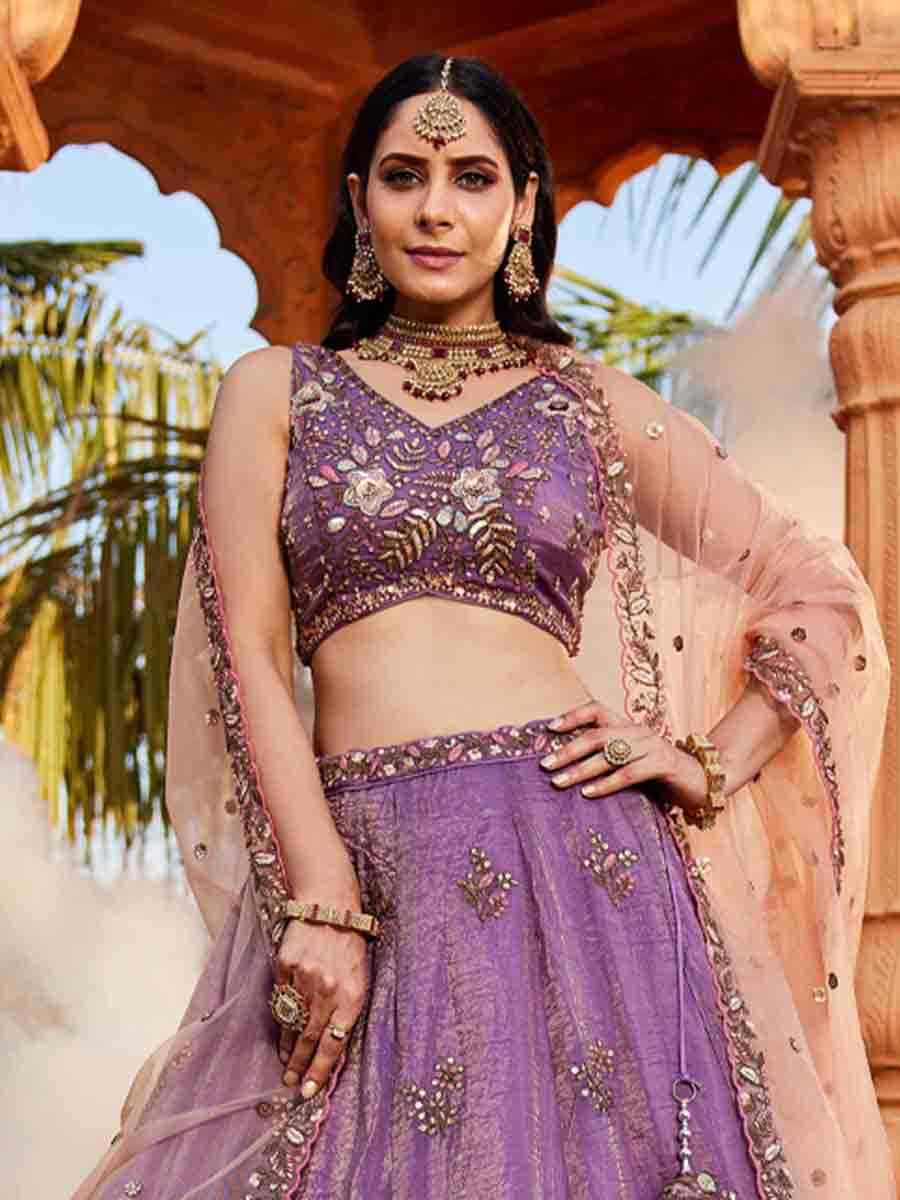 Purple Tissue Embroidery Reception Party Wear Heavy Border Lehenga Choli