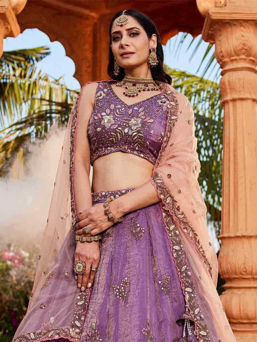 Purple Tissue Embroidery Reception Party Wear Heavy Border Lehenga Choli