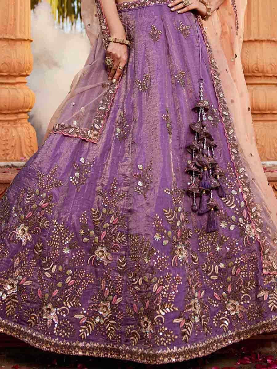 Purple Tissue Embroidery Reception Party Wear Heavy Border Lehenga Choli