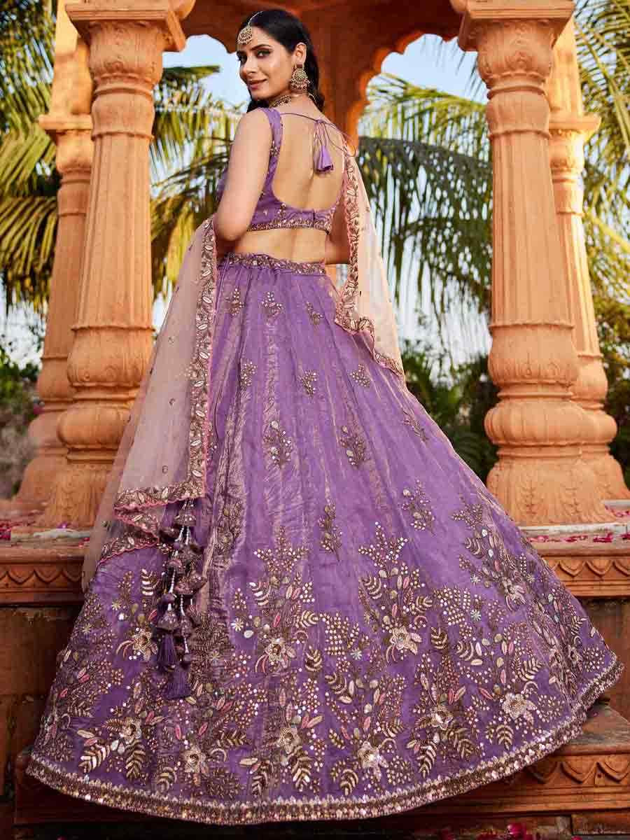 Purple Tissue Embroidery Reception Party Wear Heavy Border Lehenga Choli