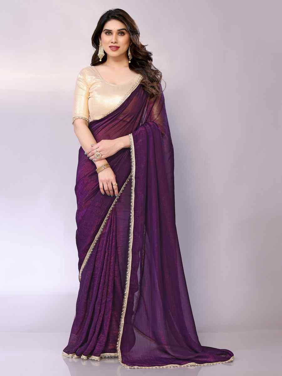 Purple Tissue, Georgette Solid Festival Casual Classic Style Saree