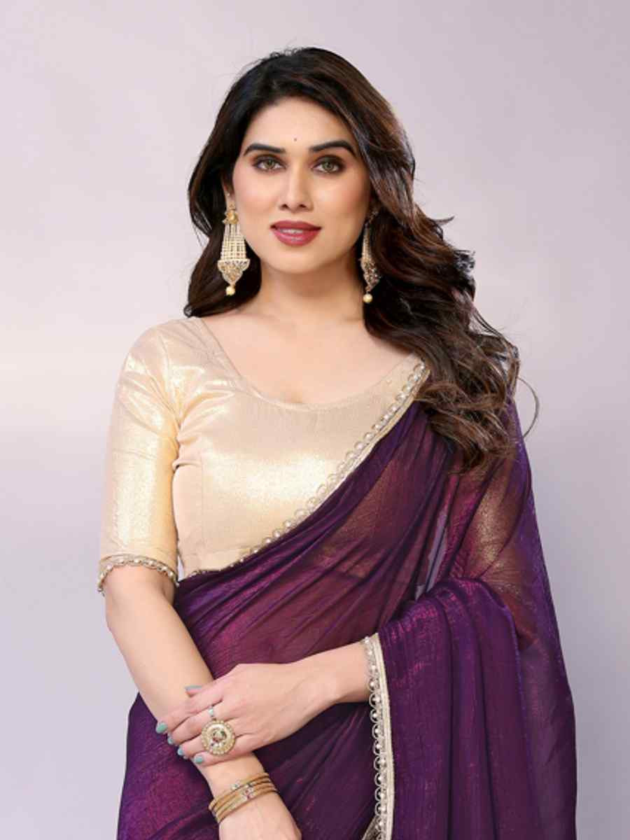 Purple Tissue, Georgette Solid Festival Casual Classic Style Saree