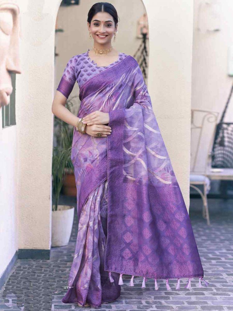 Purple Tissue Organza Silk Handwoven Festival Wedding Heavy Border Saree