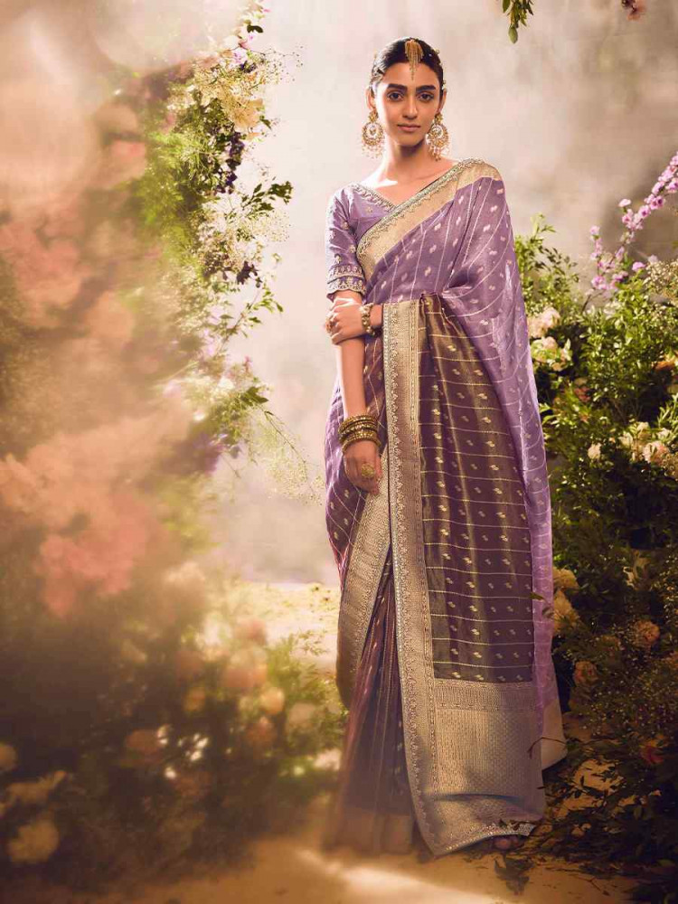 Purple Tissue Silk Embroidered Festival Wedding Heavy Border Saree