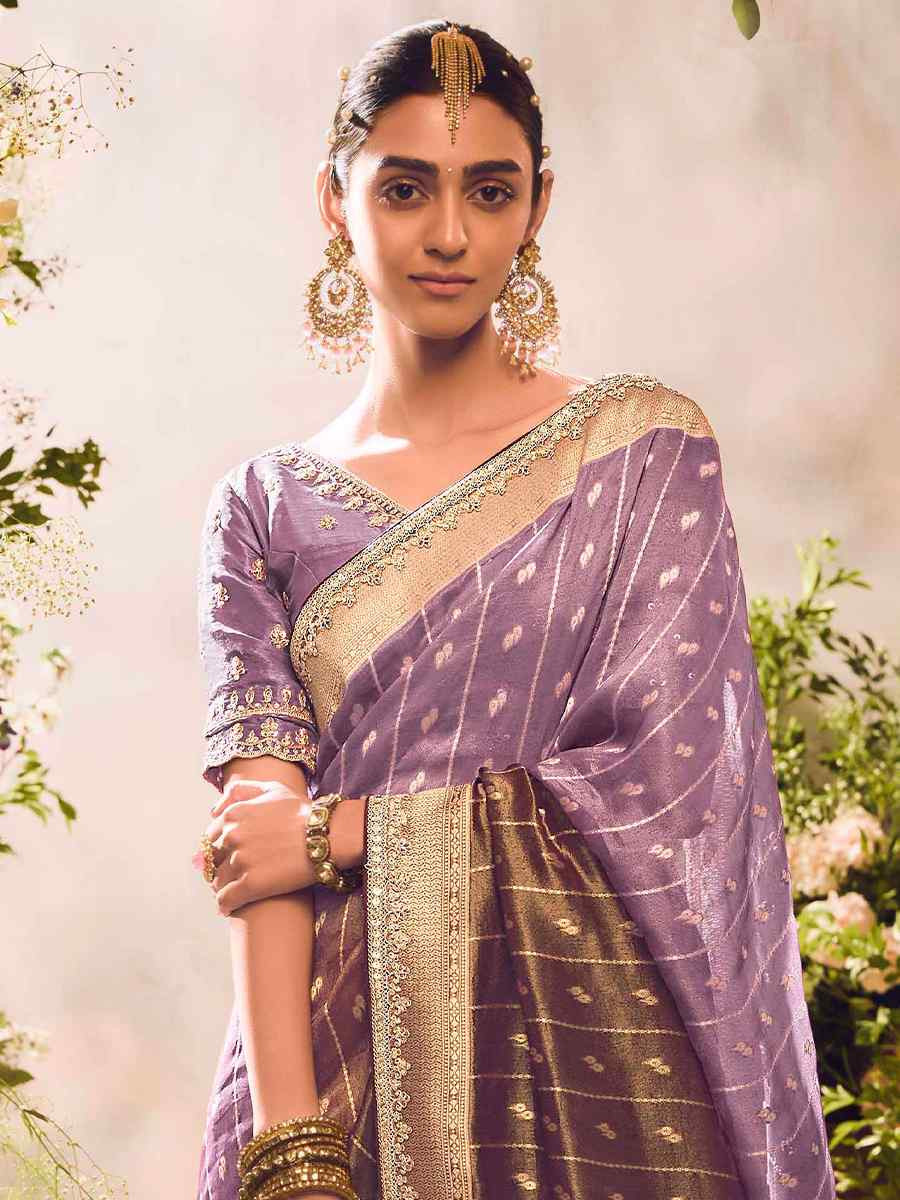 Purple Tissue Silk Embroidered Festival Wedding Heavy Border Saree