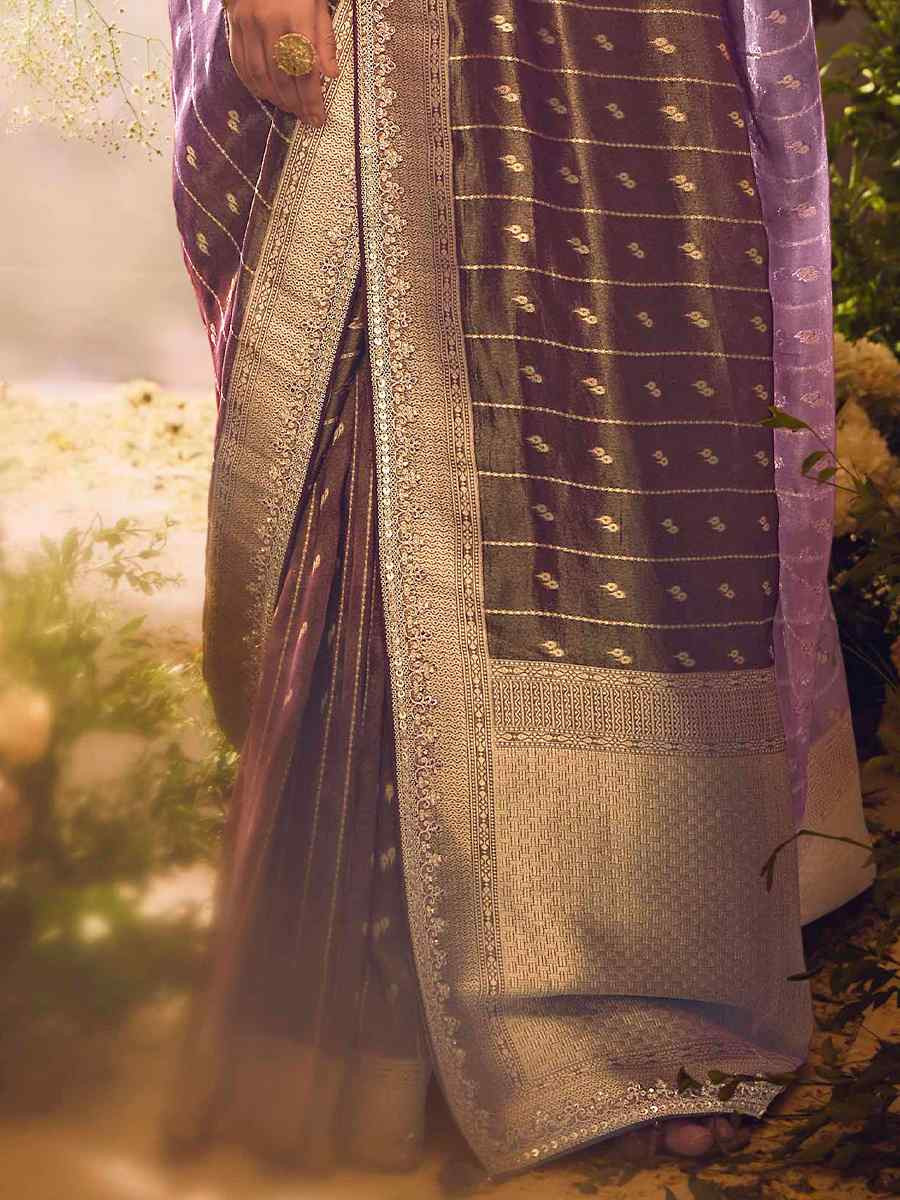 Purple Tissue Silk Embroidered Festival Wedding Heavy Border Saree