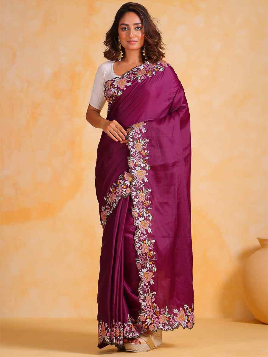 Purple Tusser Silk Embroidered Party Reception Heavy Border Saree