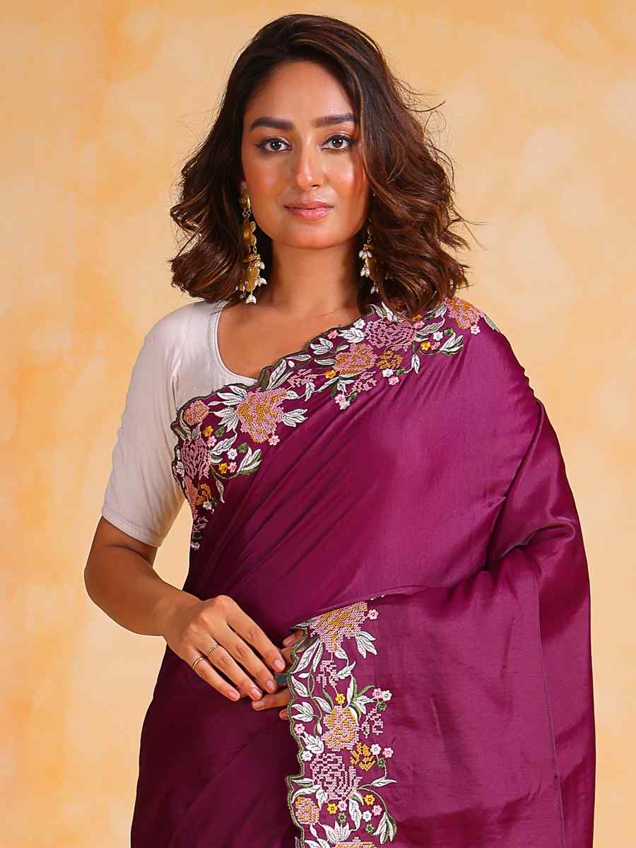 Purple Tusser Silk Embroidered Party Reception Heavy Border Saree