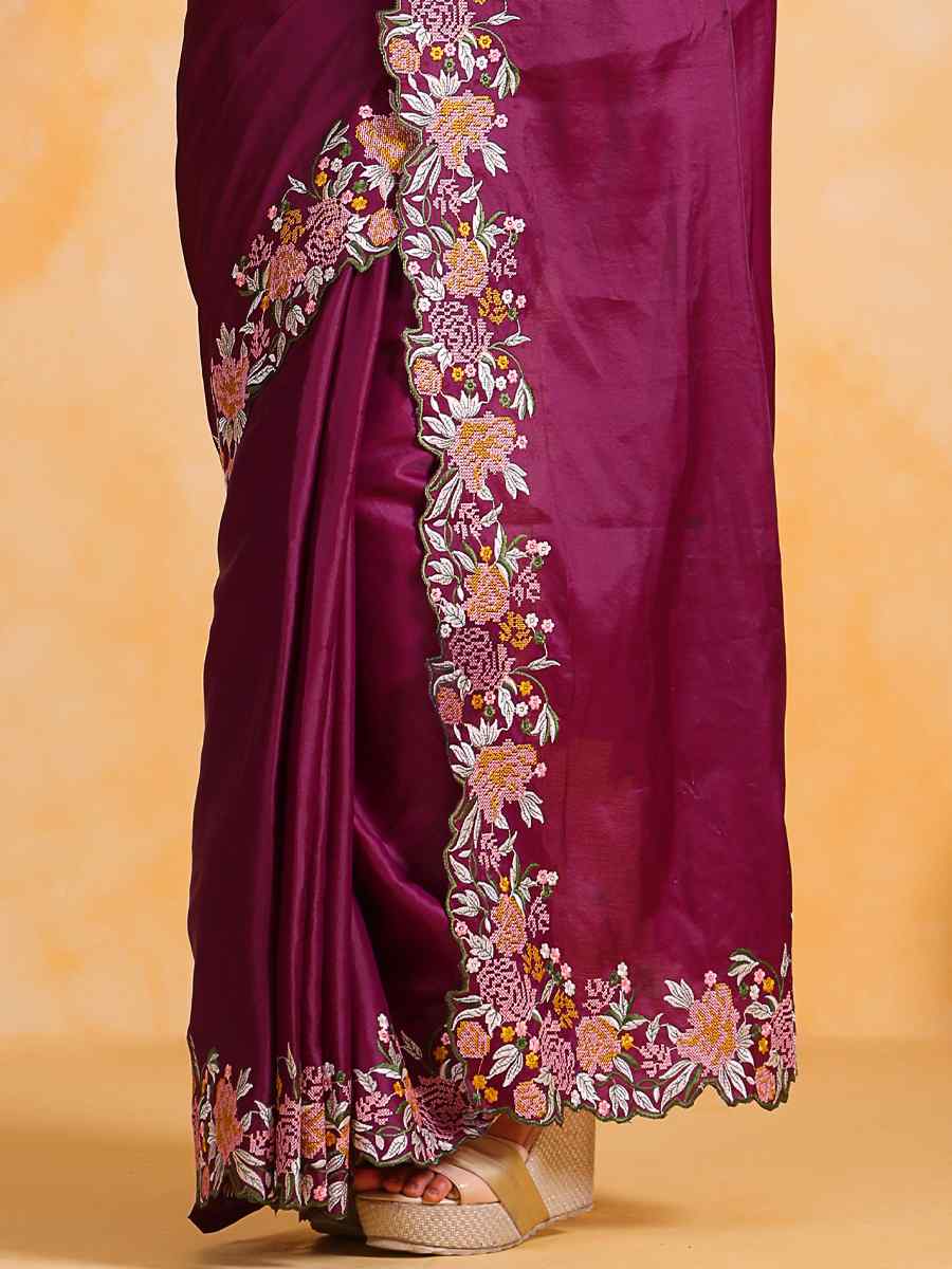 Purple Tusser Silk Embroidered Party Reception Heavy Border Saree