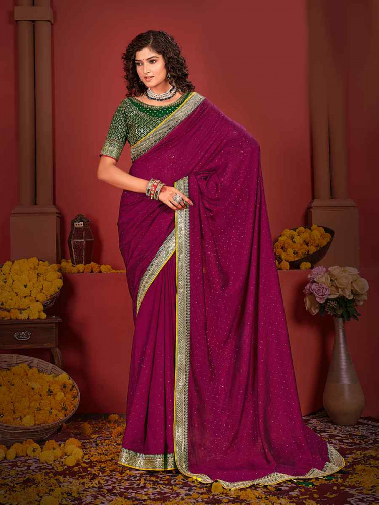 Purple Vichitra Bluming Embroidered Bridesmaid Wedding Heavy Border Saree