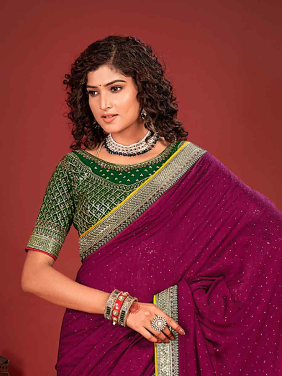 Purple Vichitra Bluming Embroidered Bridesmaid Wedding Heavy Border Saree