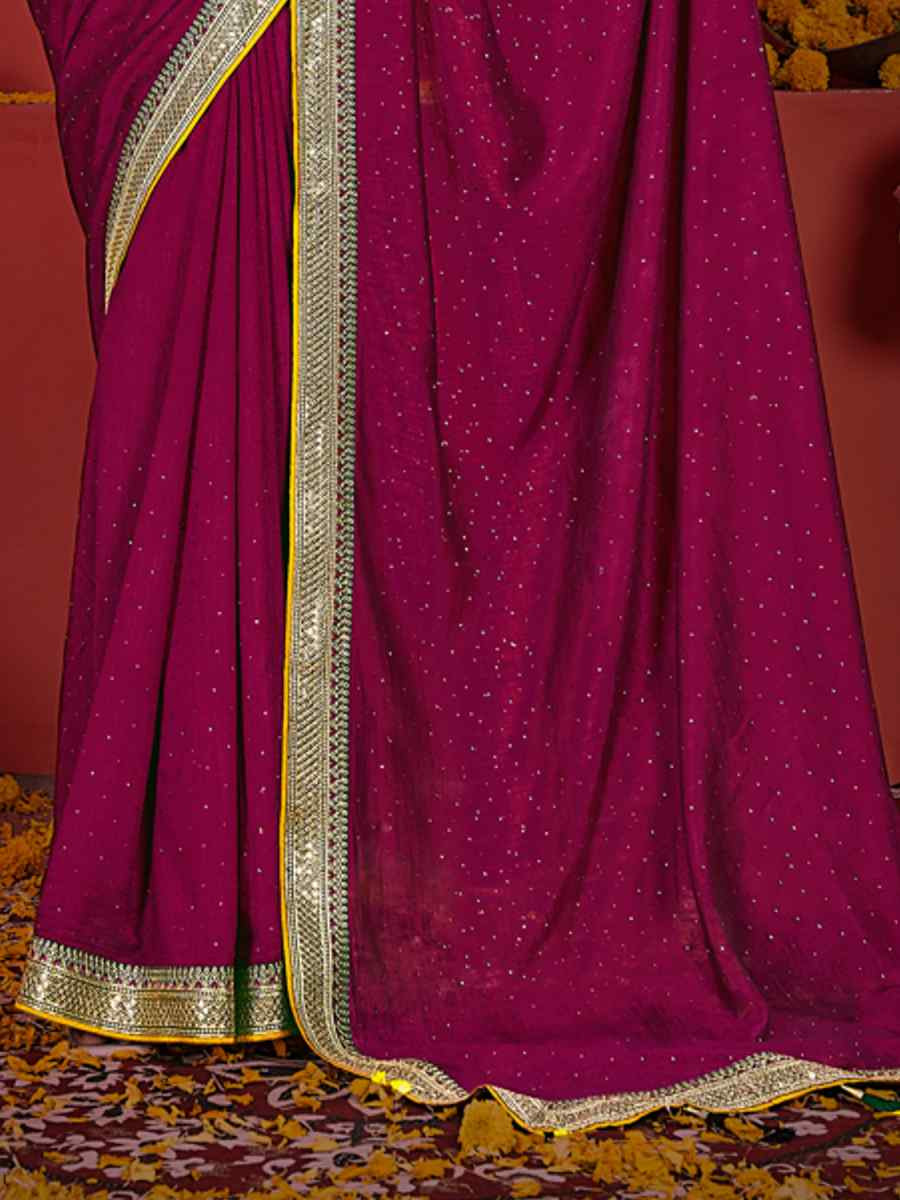 Purple Vichitra Bluming Embroidered Bridesmaid Wedding Heavy Border Saree