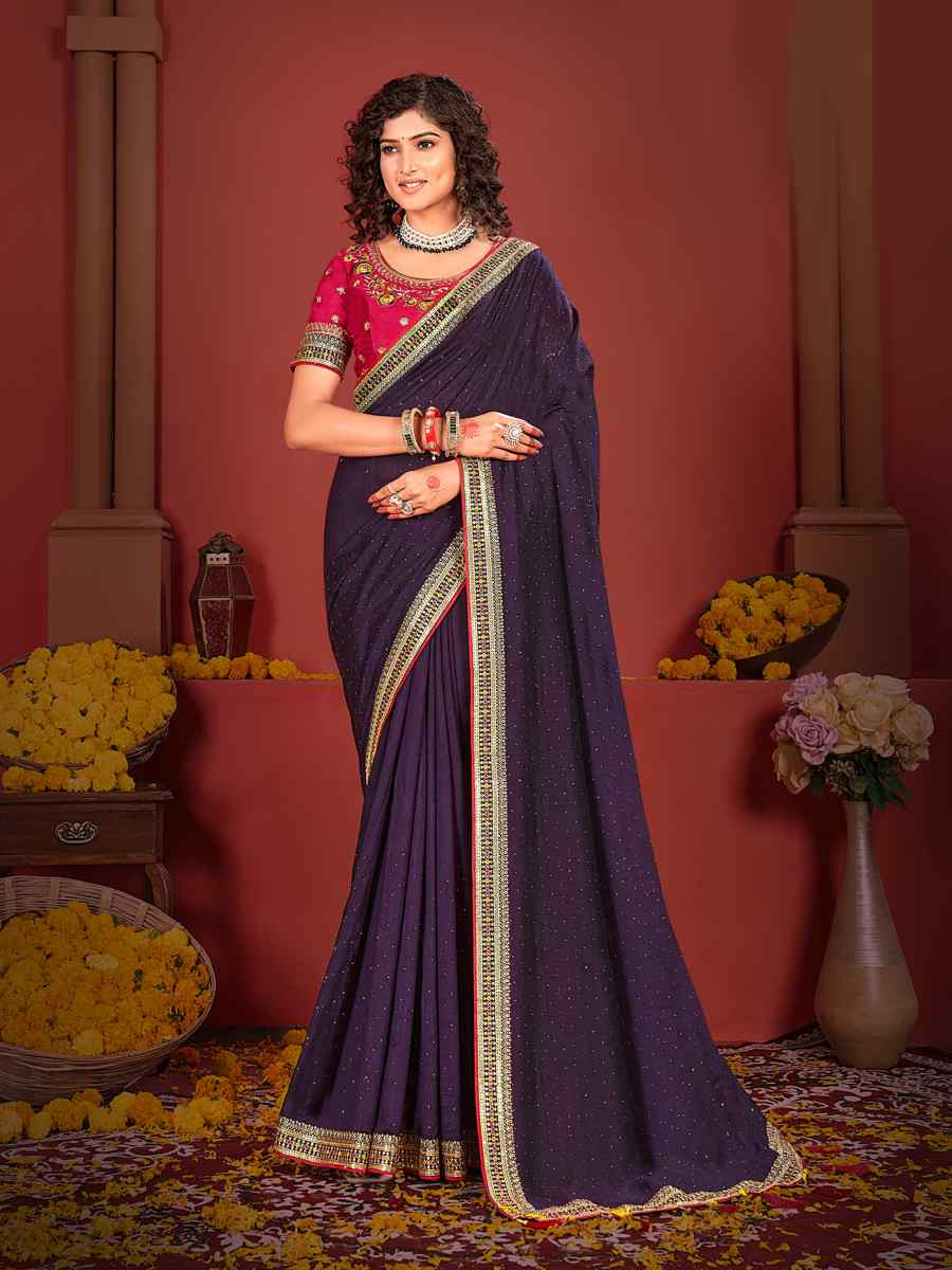 Purple Vichitra Bluming Embroidered Bridesmaid Wedding Heavy Border Saree