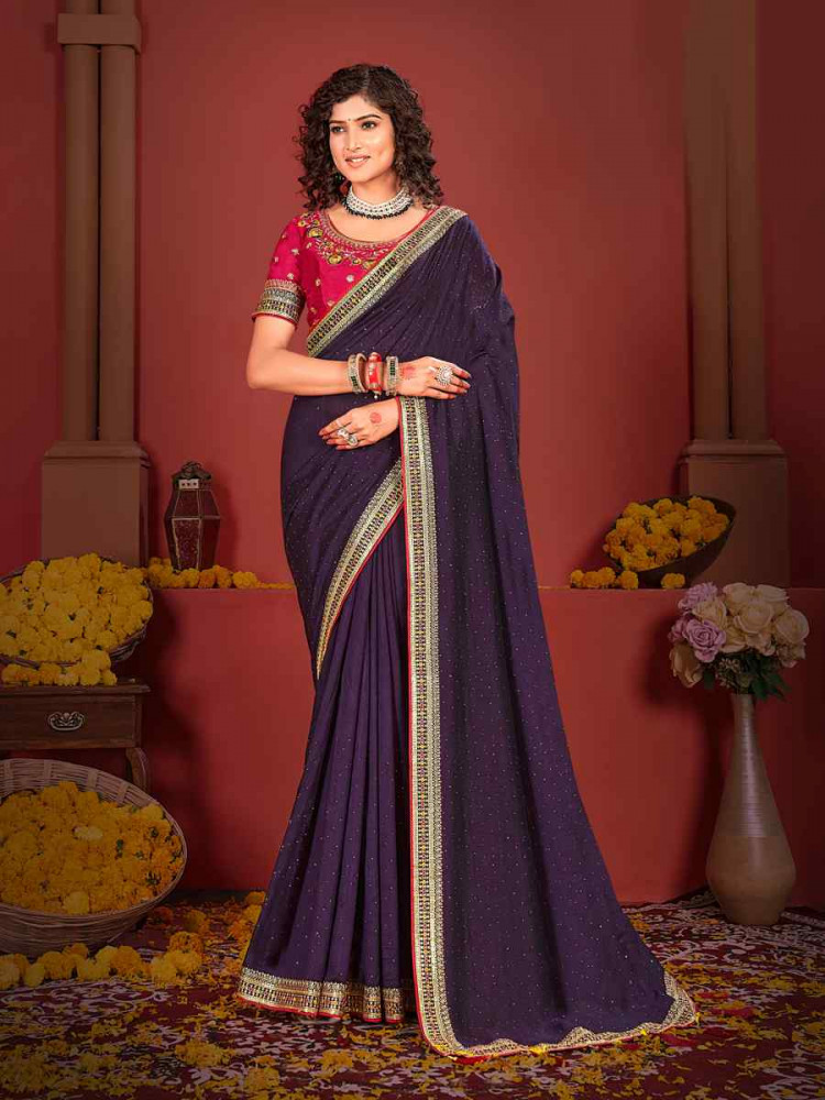 Purple Vichitra Bluming Embroidered Bridesmaid Wedding Heavy Border Saree