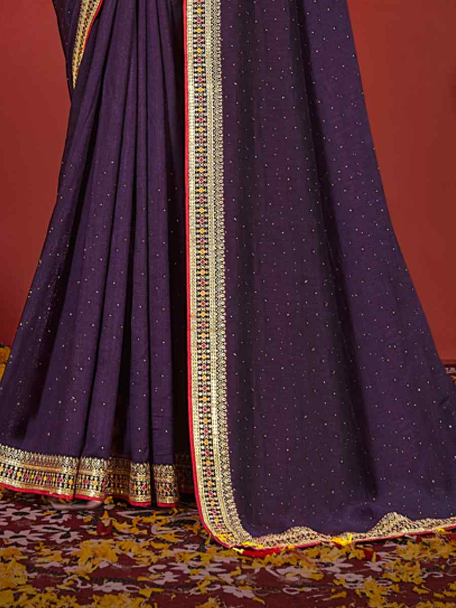 Purple Vichitra Bluming Embroidered Bridesmaid Wedding Heavy Border Saree