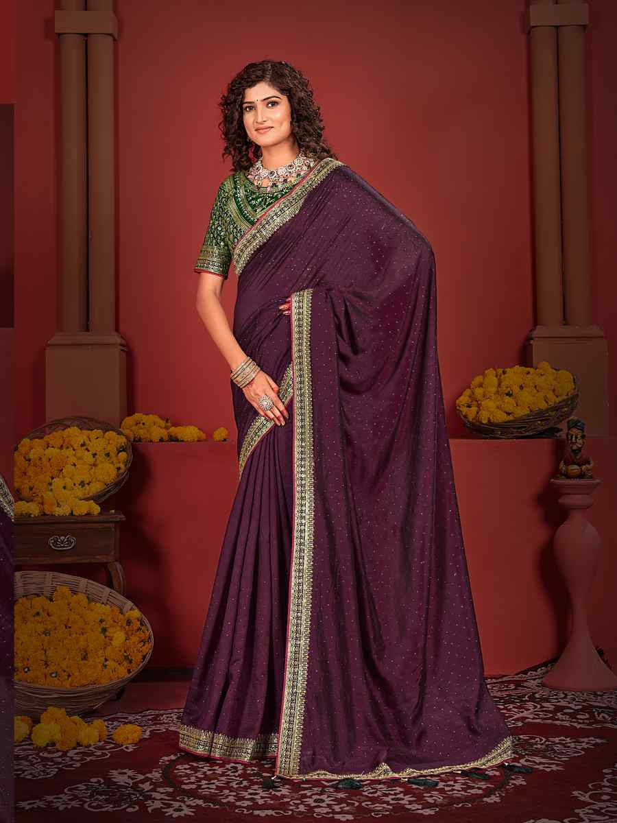 Purple Vichitra Bluming Embroidered Bridesmaid Wedding Heavy Border Saree