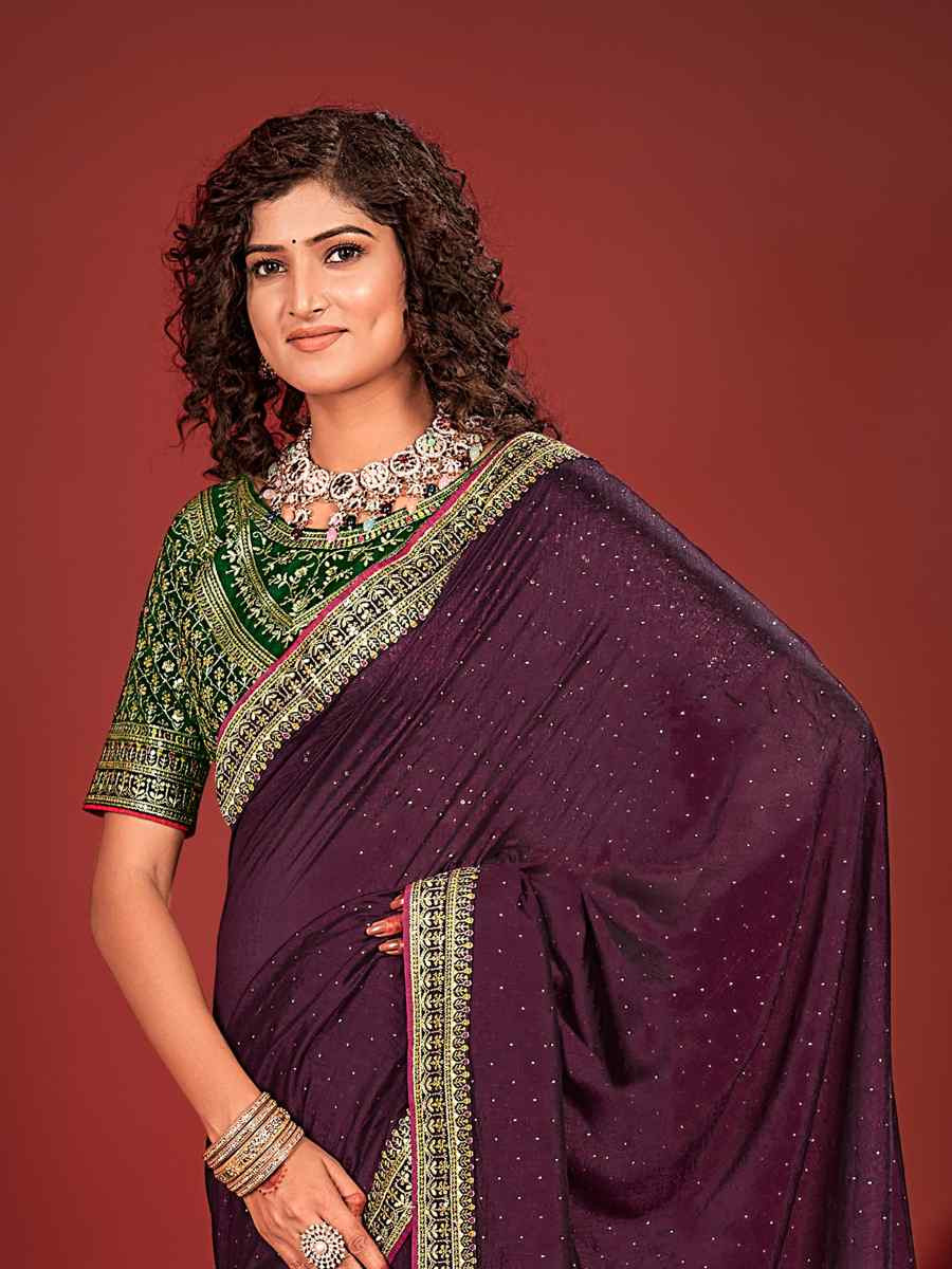 Purple Vichitra Bluming Embroidered Bridesmaid Wedding Heavy Border Saree