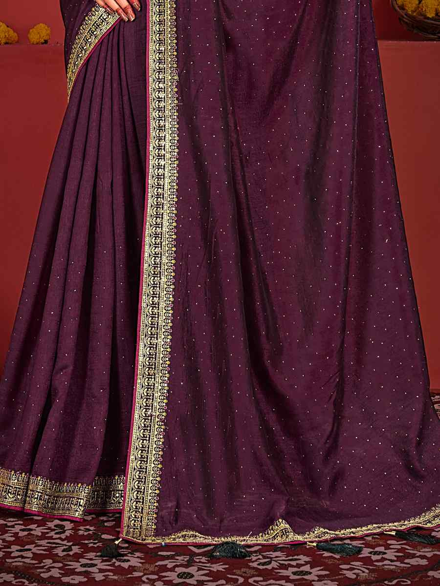 Purple Vichitra Bluming Embroidered Bridesmaid Wedding Heavy Border Saree