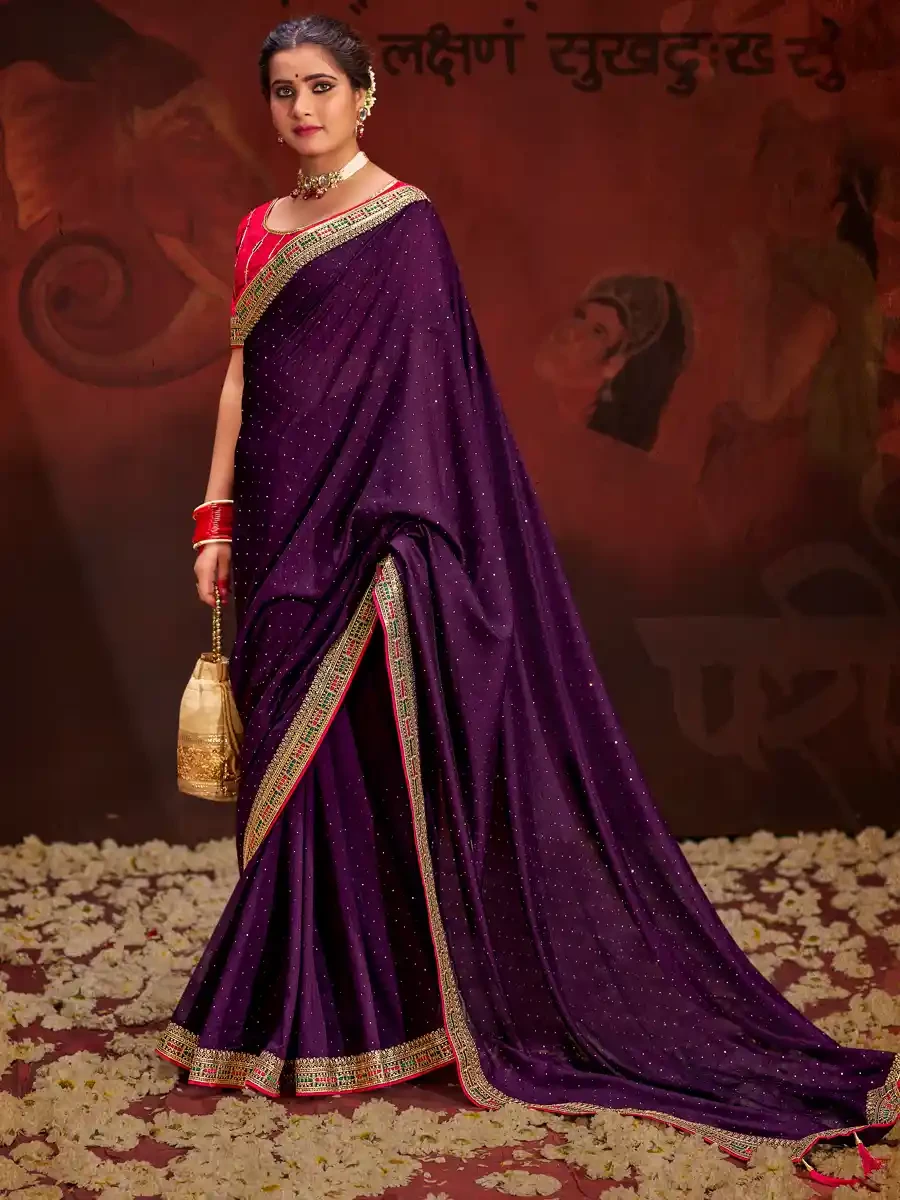 Purple Vichitra Bluming Embroidered Festival Party Heavy Border Saree