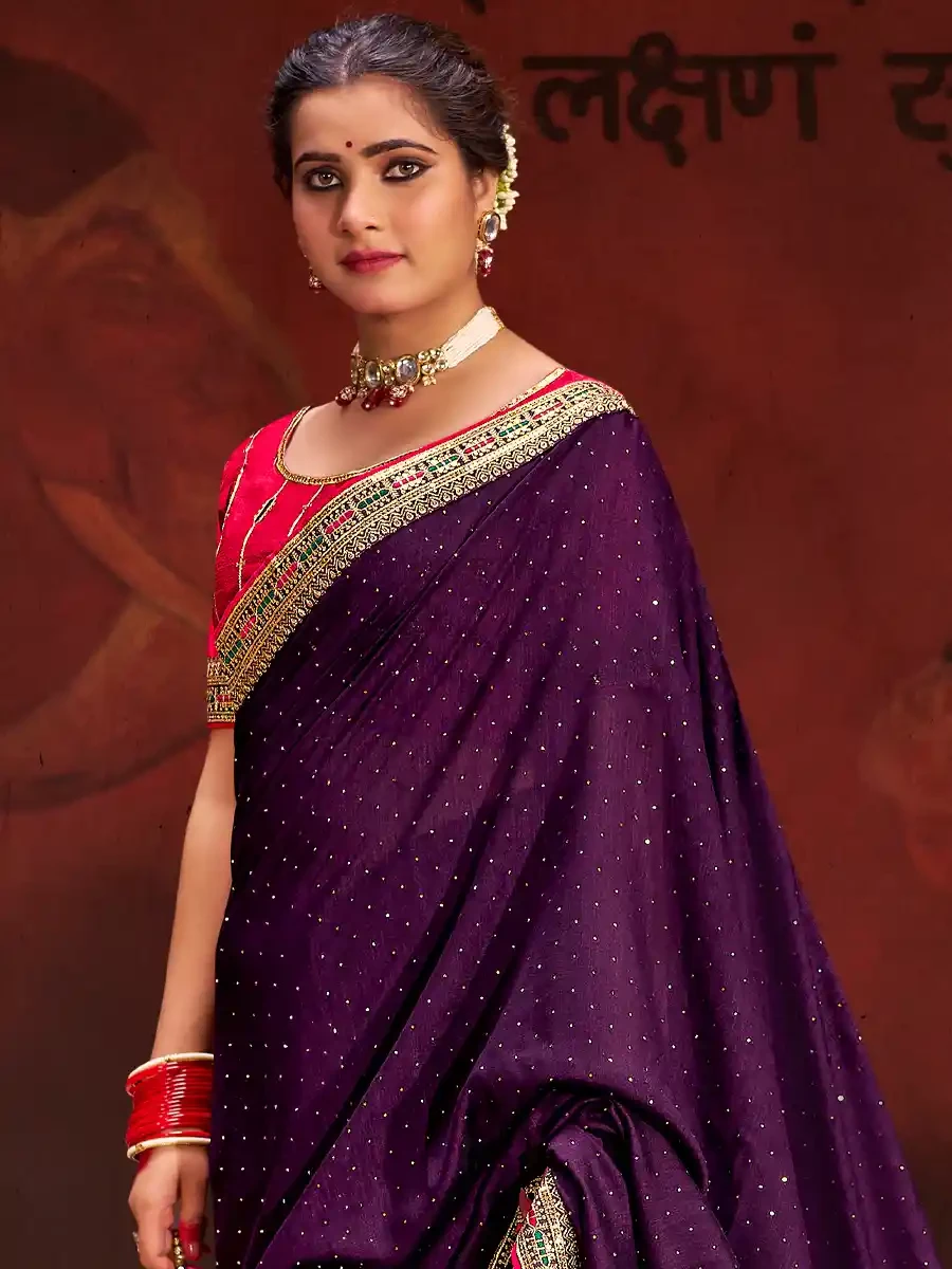 Purple Vichitra Bluming Embroidered Festival Party Heavy Border Saree