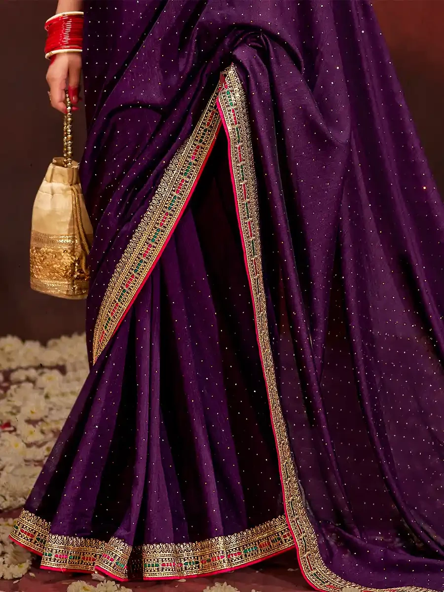 Purple Vichitra Bluming Embroidered Festival Party Heavy Border Saree