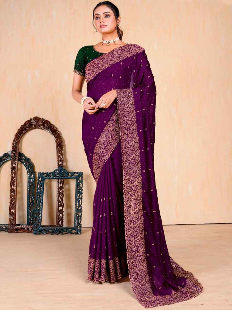 Purple Vichitra Embroidered Wedding Party Heavy Border Saree