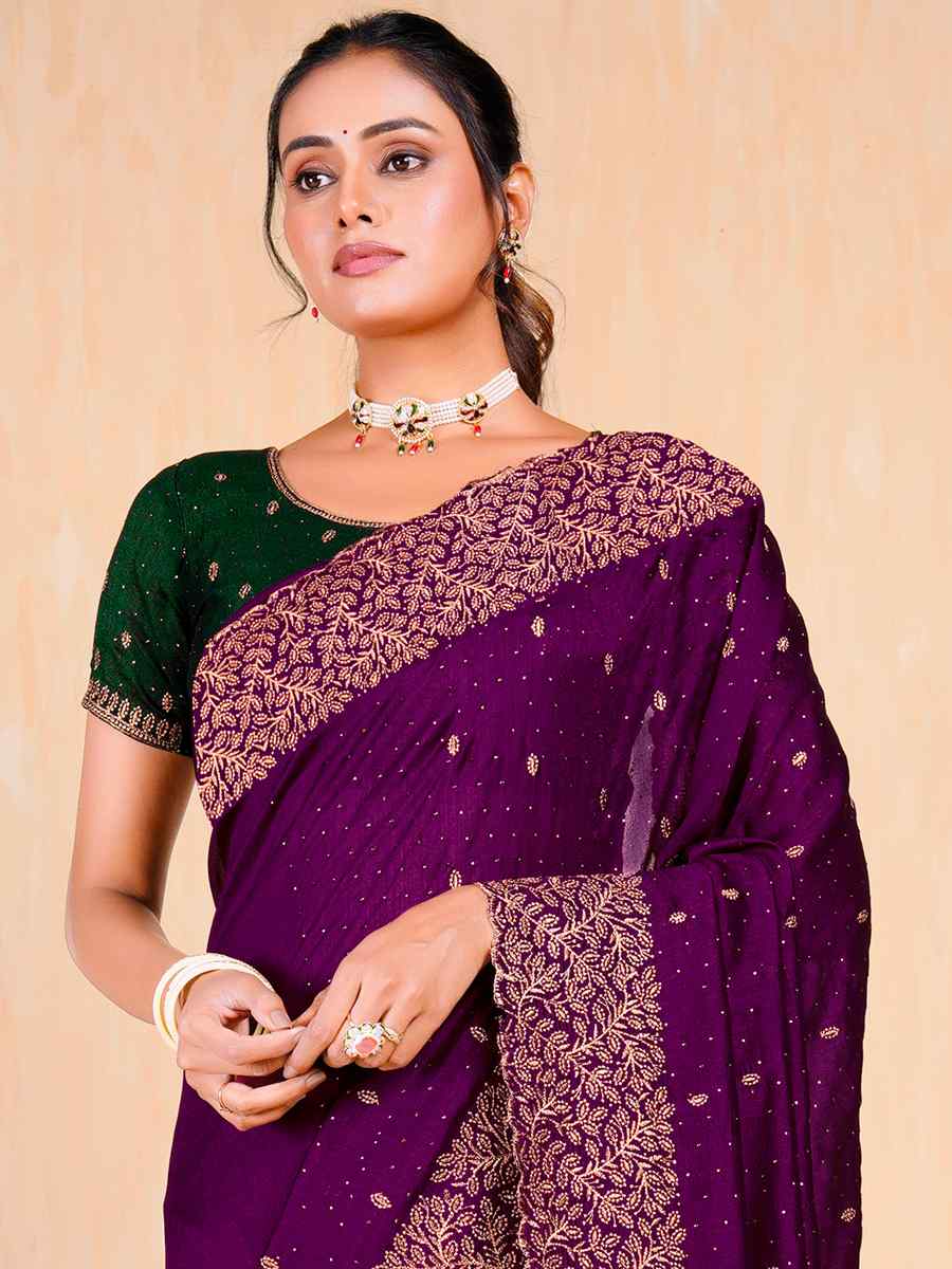 Purple Vichitra Embroidered Wedding Party Heavy Border Saree