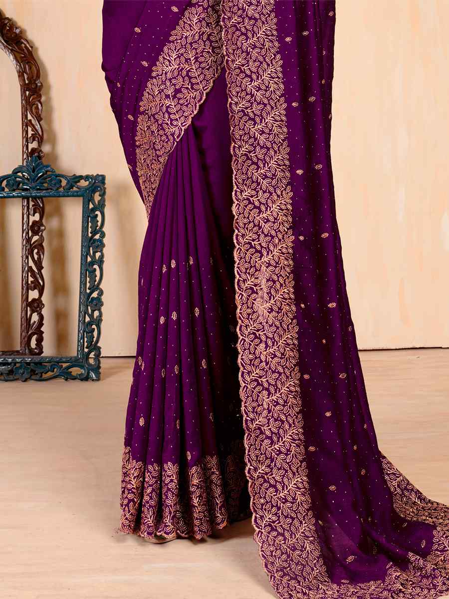 Purple Vichitra Embroidered Wedding Party Heavy Border Saree