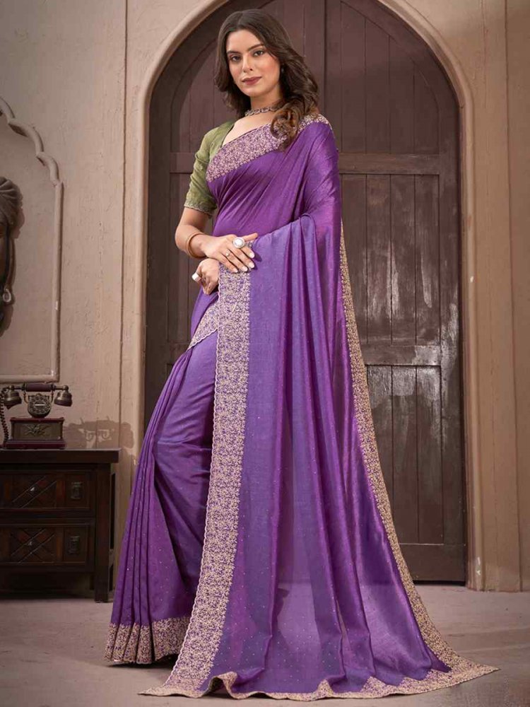 Purple Vichitra Embroidered Wedding Party Heavy Border Saree