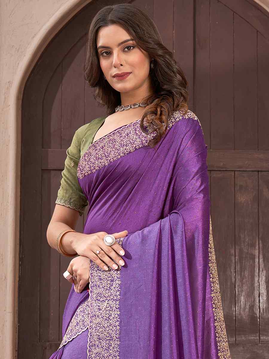 Purple Vichitra Embroidered Wedding Party Heavy Border Saree