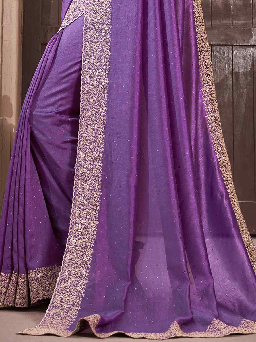 Purple Vichitra Embroidered Wedding Party Heavy Border Saree