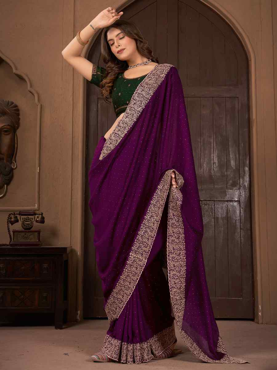 Purple Vichitra Embroidered Wedding Party Heavy Border Saree