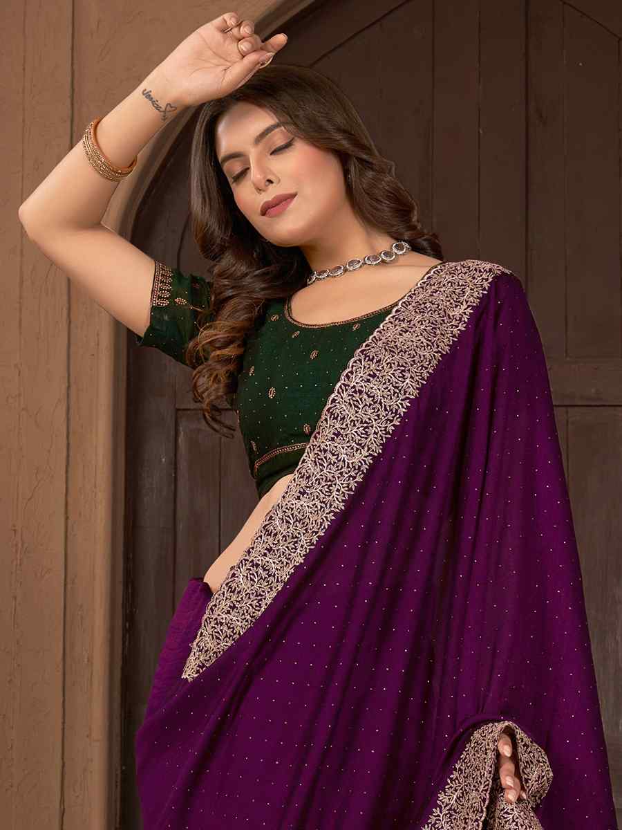 Purple Vichitra Embroidered Wedding Party Heavy Border Saree