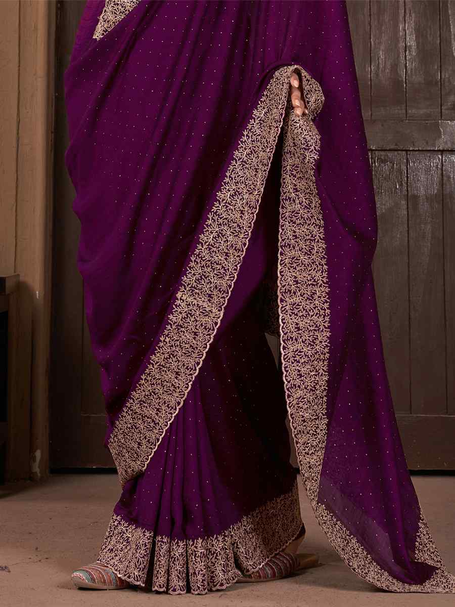 Purple Vichitra Embroidered Wedding Party Heavy Border Saree