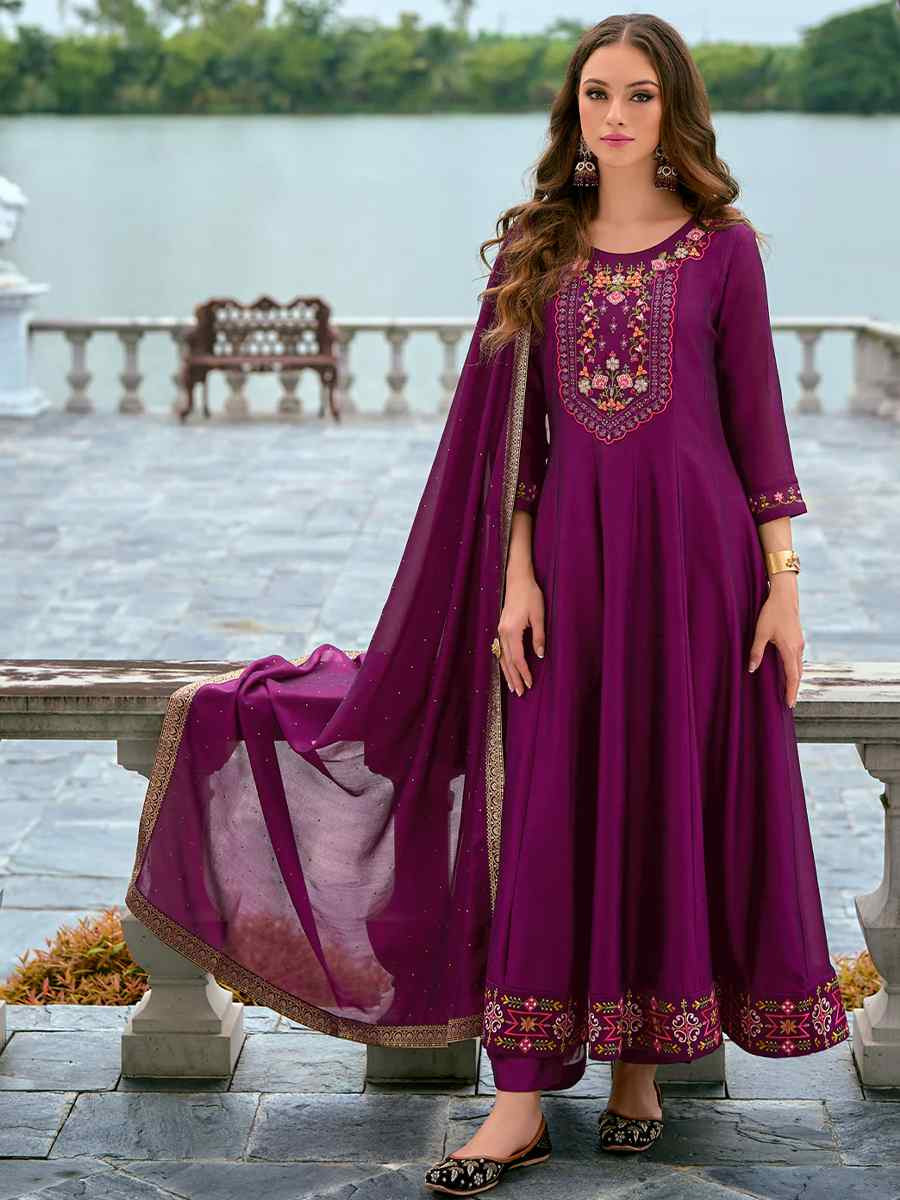 Purple Vichitra Silk Embroidered Festival Mehendi Ready Anarkali Salwar Kameez