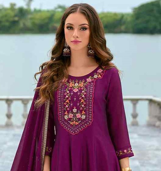 Purple Vichitra Silk Embroidered Festival Mehendi Ready Anarkali Salwar Kameez