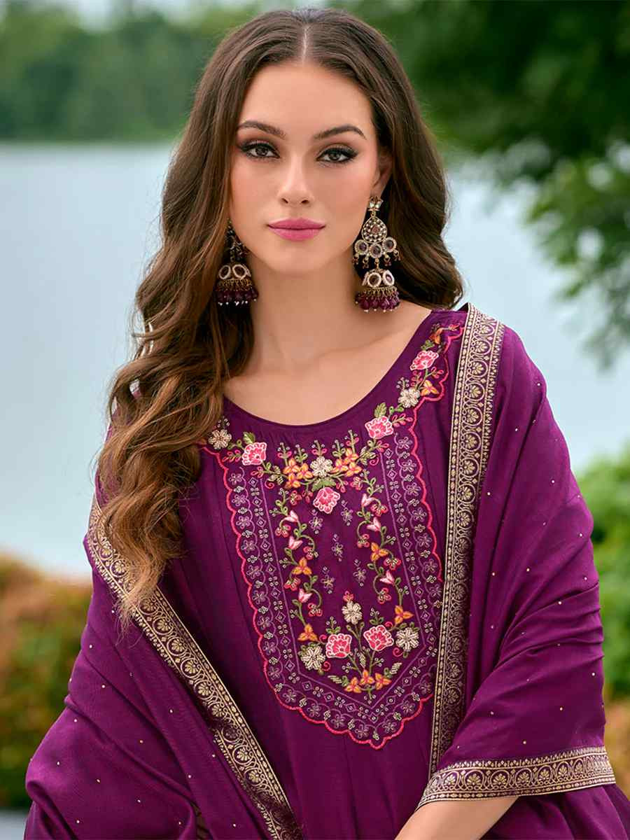 Purple Vichitra Silk Embroidered Festival Mehendi Ready Anarkali Salwar Kameez