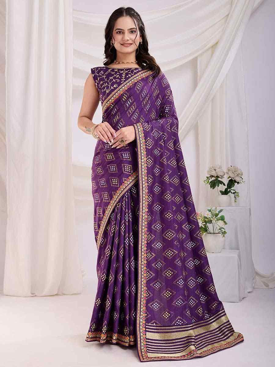 Purple Vichitra Silk Printed Festival Wedding Contemporary Saree