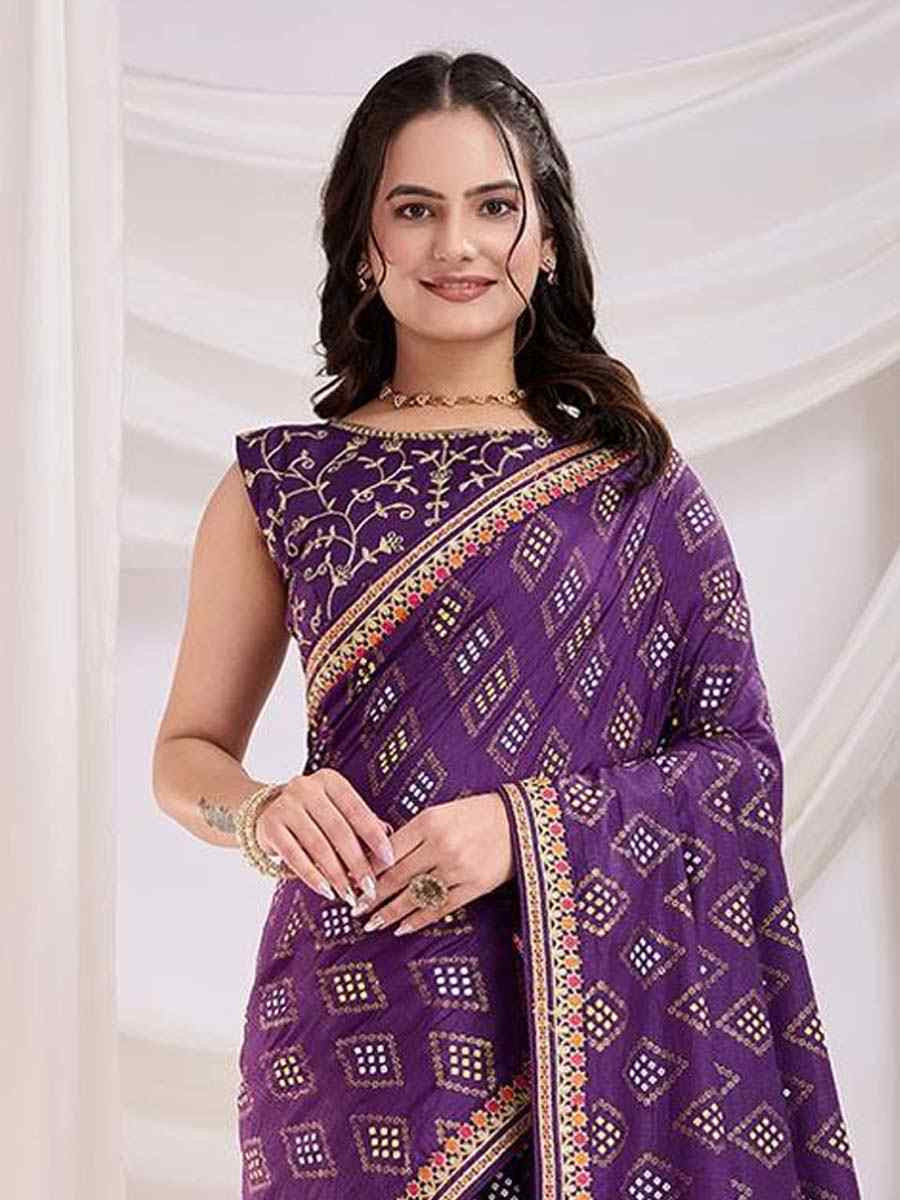 Purple Vichitra Silk Printed Festival Wedding Contemporary Saree