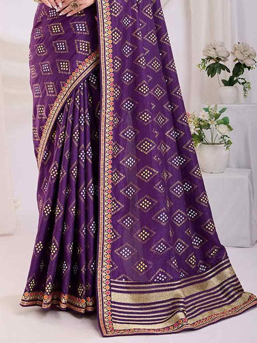 Purple Vichitra Silk Printed Festival Wedding Contemporary Saree