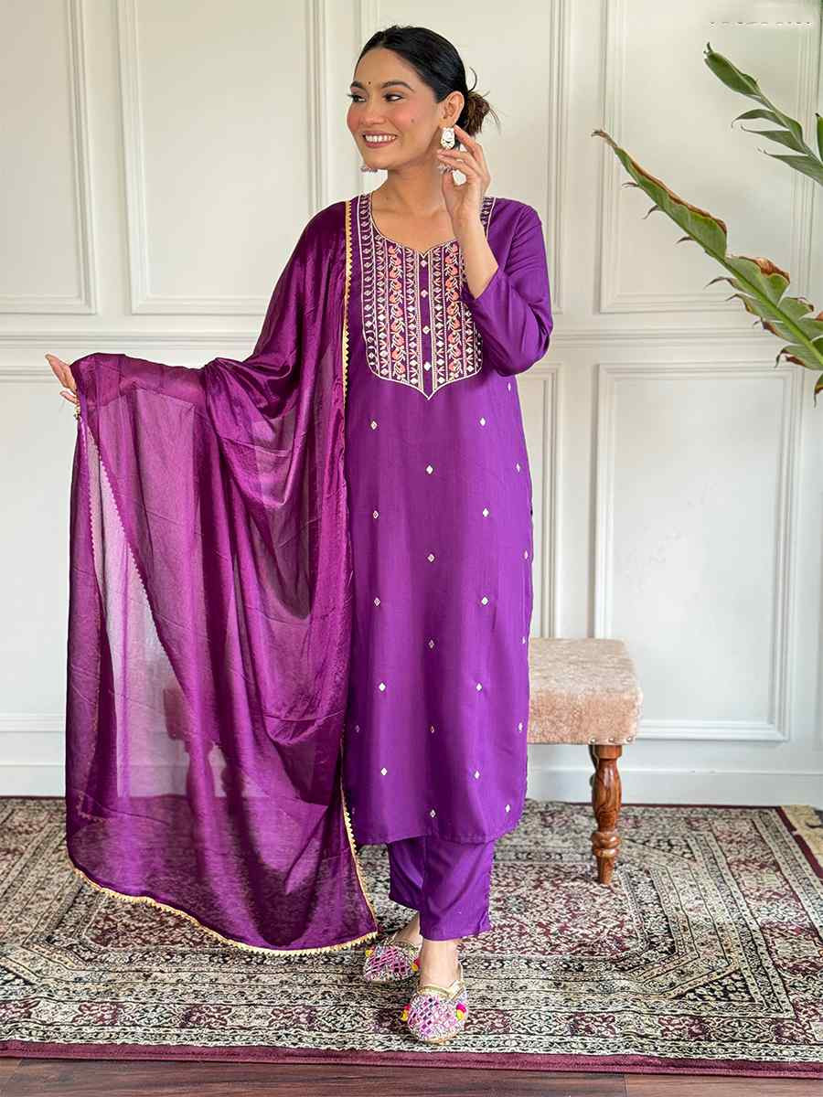 Purple Viscose Chanderi Embroidered Festival Casual Ready Pant Salwar Kameez